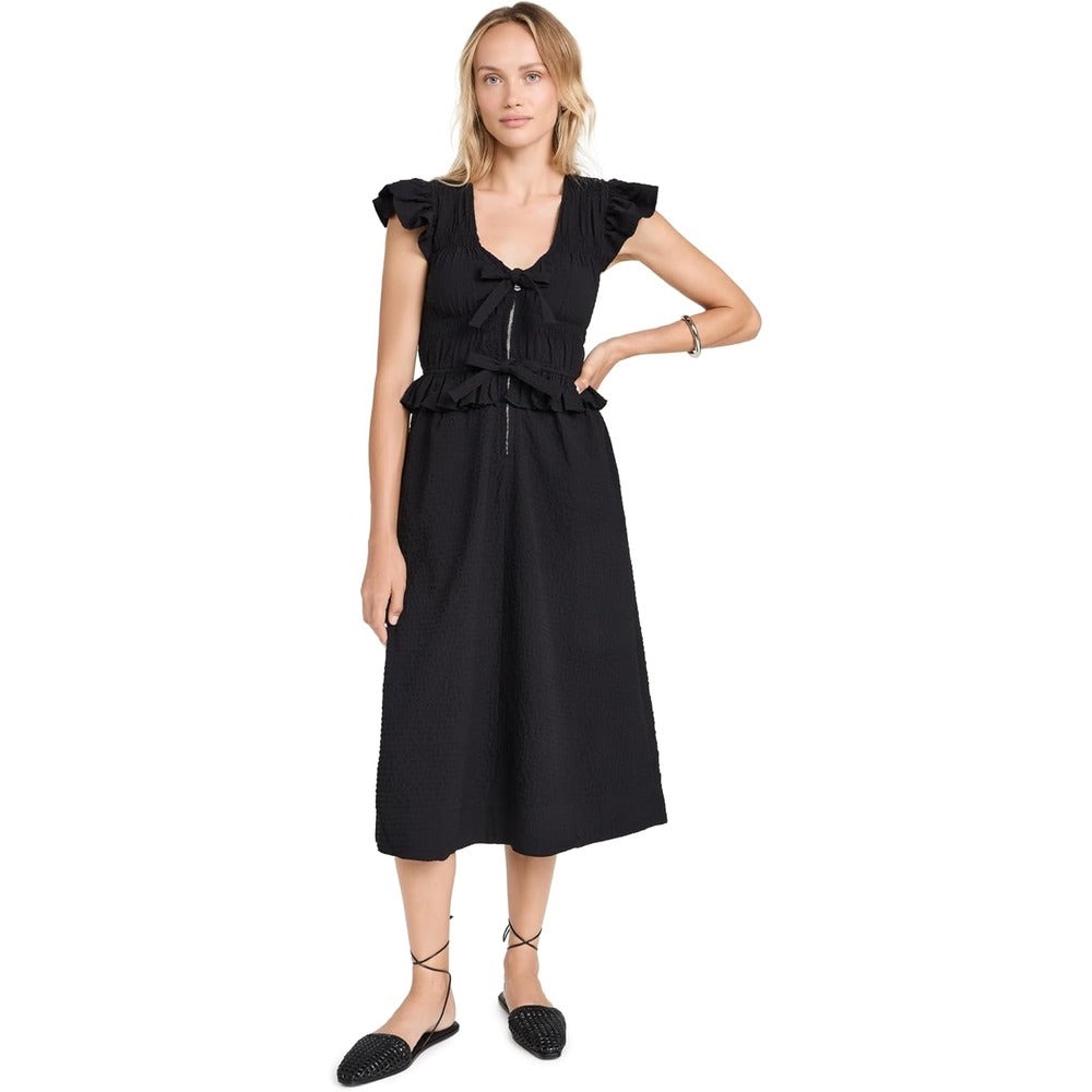 Sea Ny Black Regina Seersucker Flutter Sleeve Dress, Size Xs